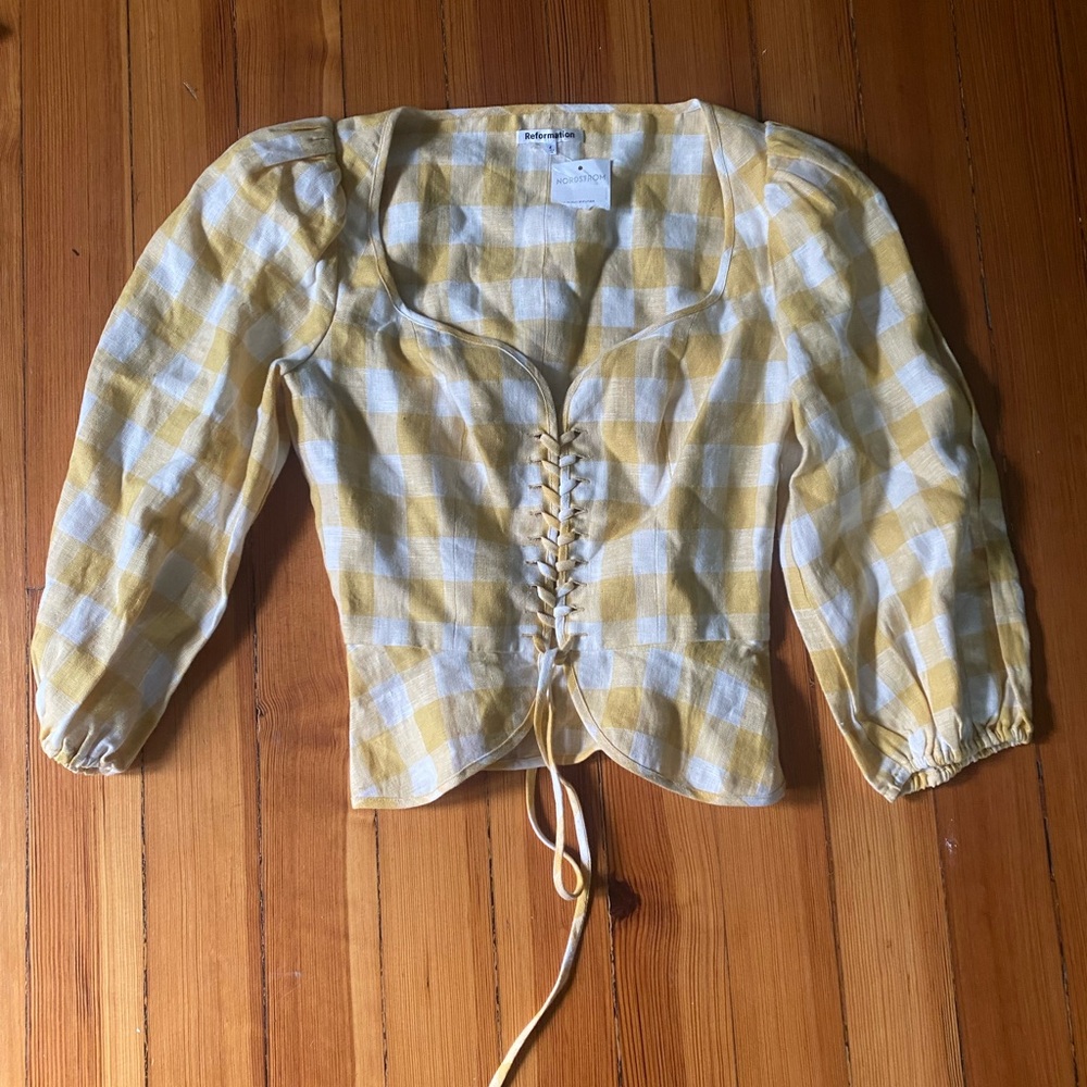NWT Reformation Yellow Gingham Lace-Up Puff linen Sleeve Top